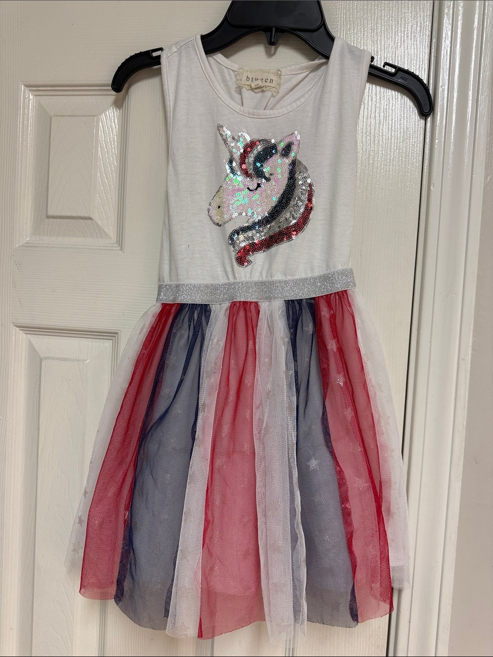 Btween Sequin Unicorn Tulle Dress - White with Red & Navy Panels